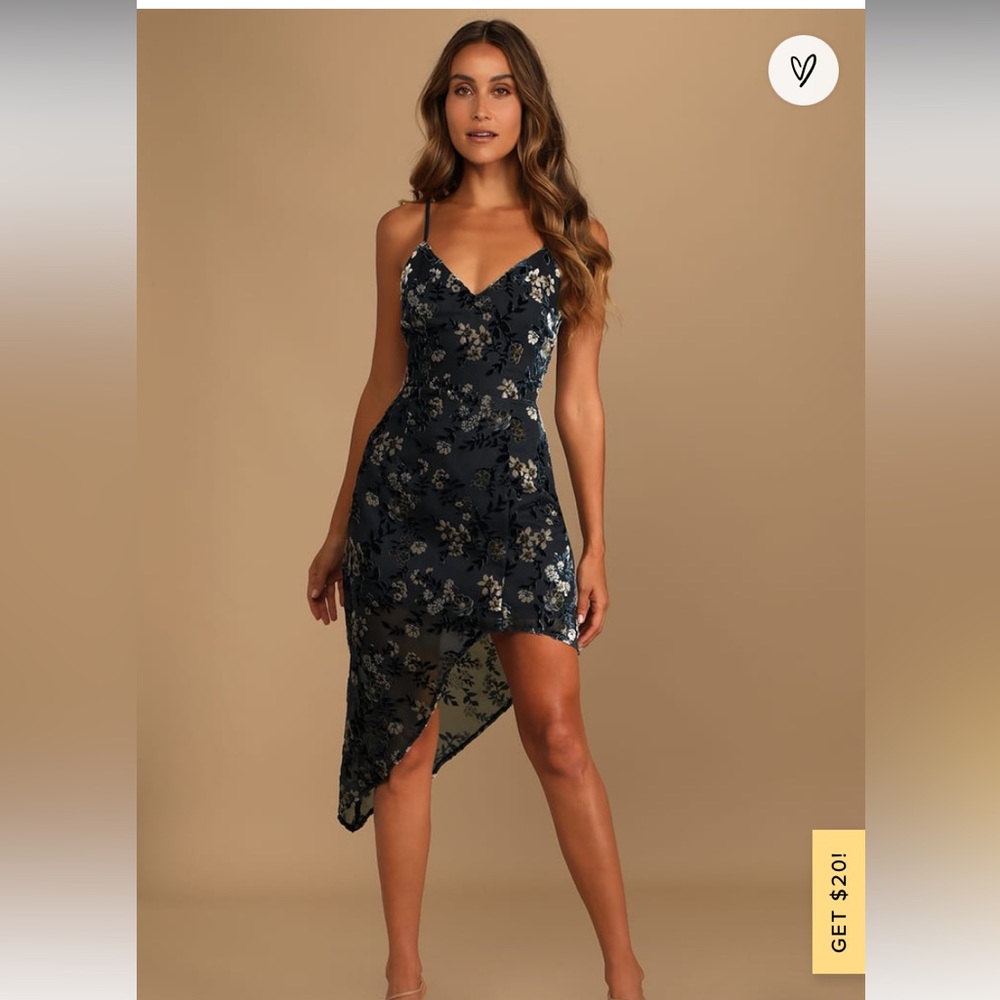 Lulu’s Asymmetrical dark teal floral dress